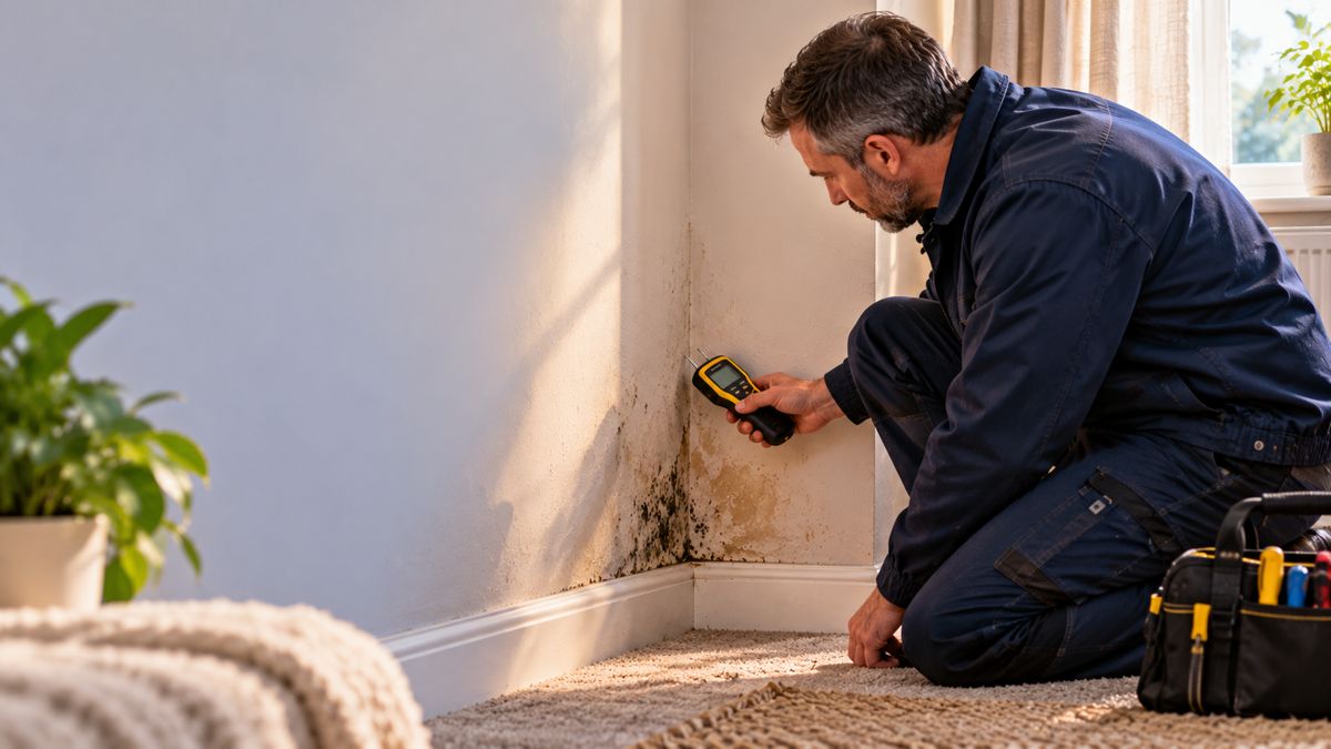 A maintenance officer checks a damp wall corner with a moisture meter